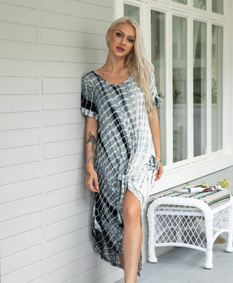 AVIIER Nightgowns for Women Cotton V Neck Sleepwear Short Sleeve Loungewear (Tie Dye-Gray, X-Large) - Image 2